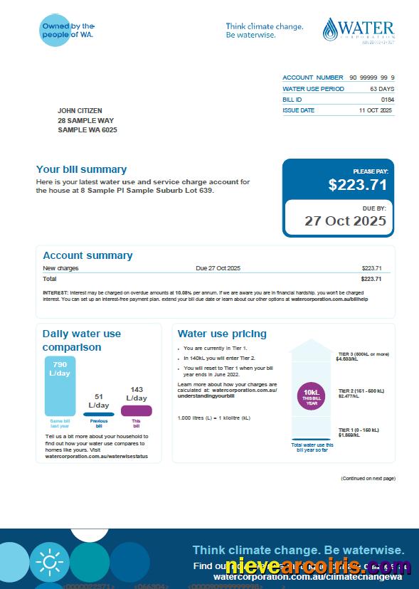 Australia Water Corporation utility bill
